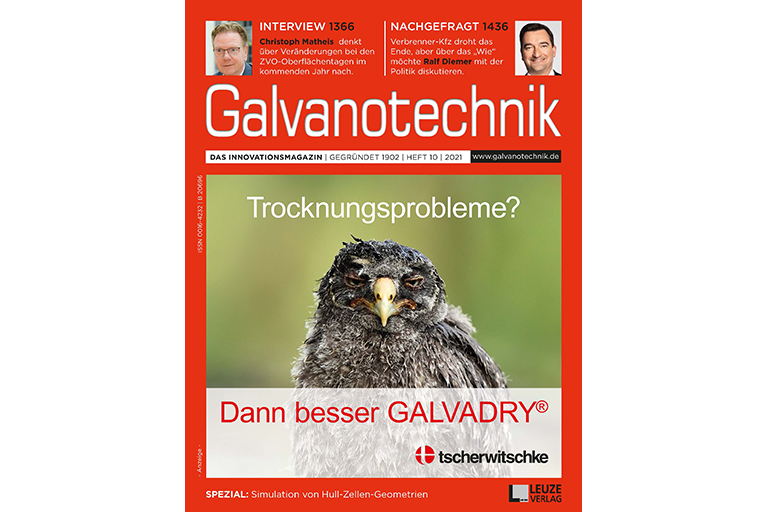 Titelseite der Galvanotechnik Heft 10/2021 mit GALVADRY-Anzeige Motiv Eule | © Richard Tscherwitschke GmbH