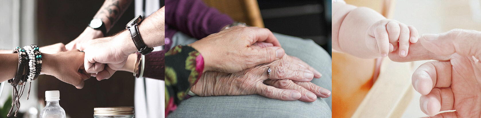Drei Szenen mit Händen: links mehrere Hände mit freundschaftlichem Faustgruß, in der Mitte streicht eine junge Hand über zwei alte Hände, die im Schoß liegen und rechts hält eine Babyhand den Zeigefinger einer Erwachsenenhand | © pixabay / fotolia