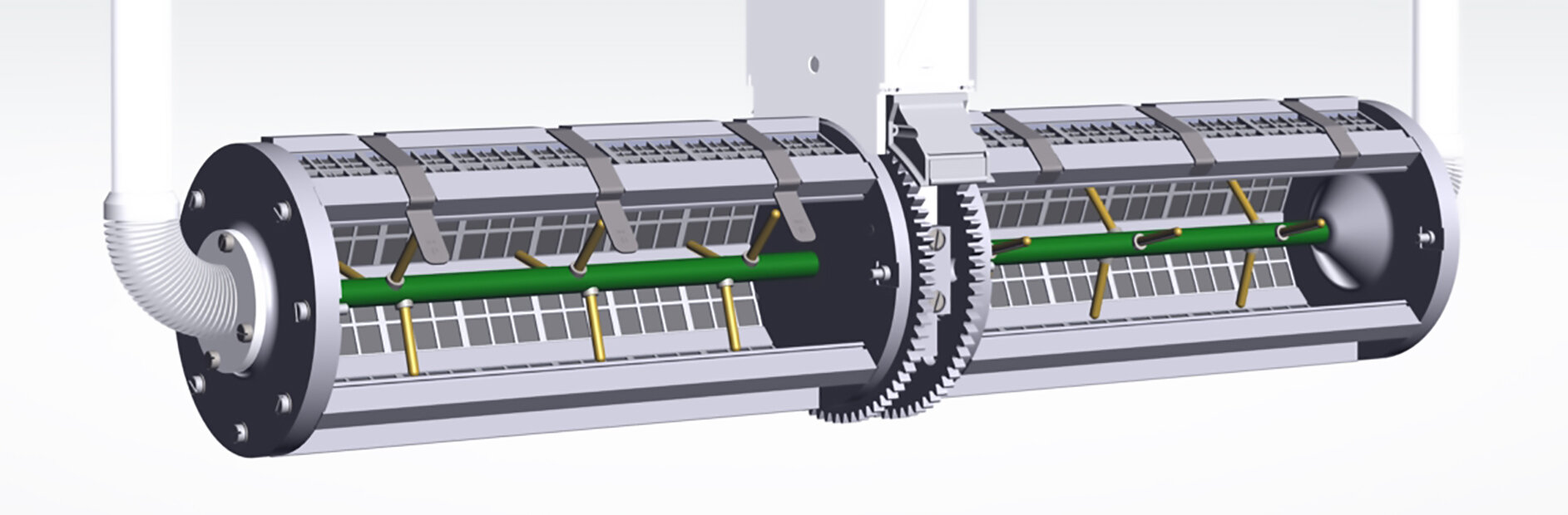 Grafik eines Doppeltrommelaggregats mit zwei parallel angeordneten Galvanisiertrommeln, die über eine Rechenkontaktierung verfügen | © Richard Tscherwitschke GmbH